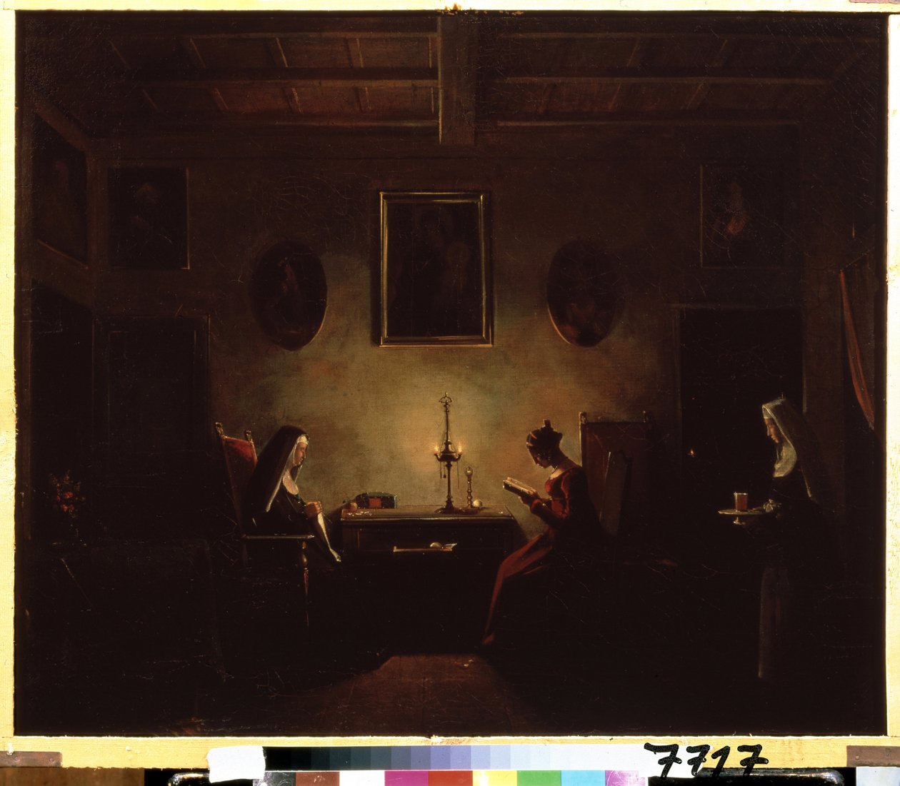 "Wnętrze" Scena w klasztorze, młoda dziewczyna czyta przy świecach, w pokoju są dwie zakonnice. Obraz Francois Mariusa Graneta (1775-1849) XIX-wieczne Muzeum Puszkina, Moskwa autorstwa Francois Marius Granet