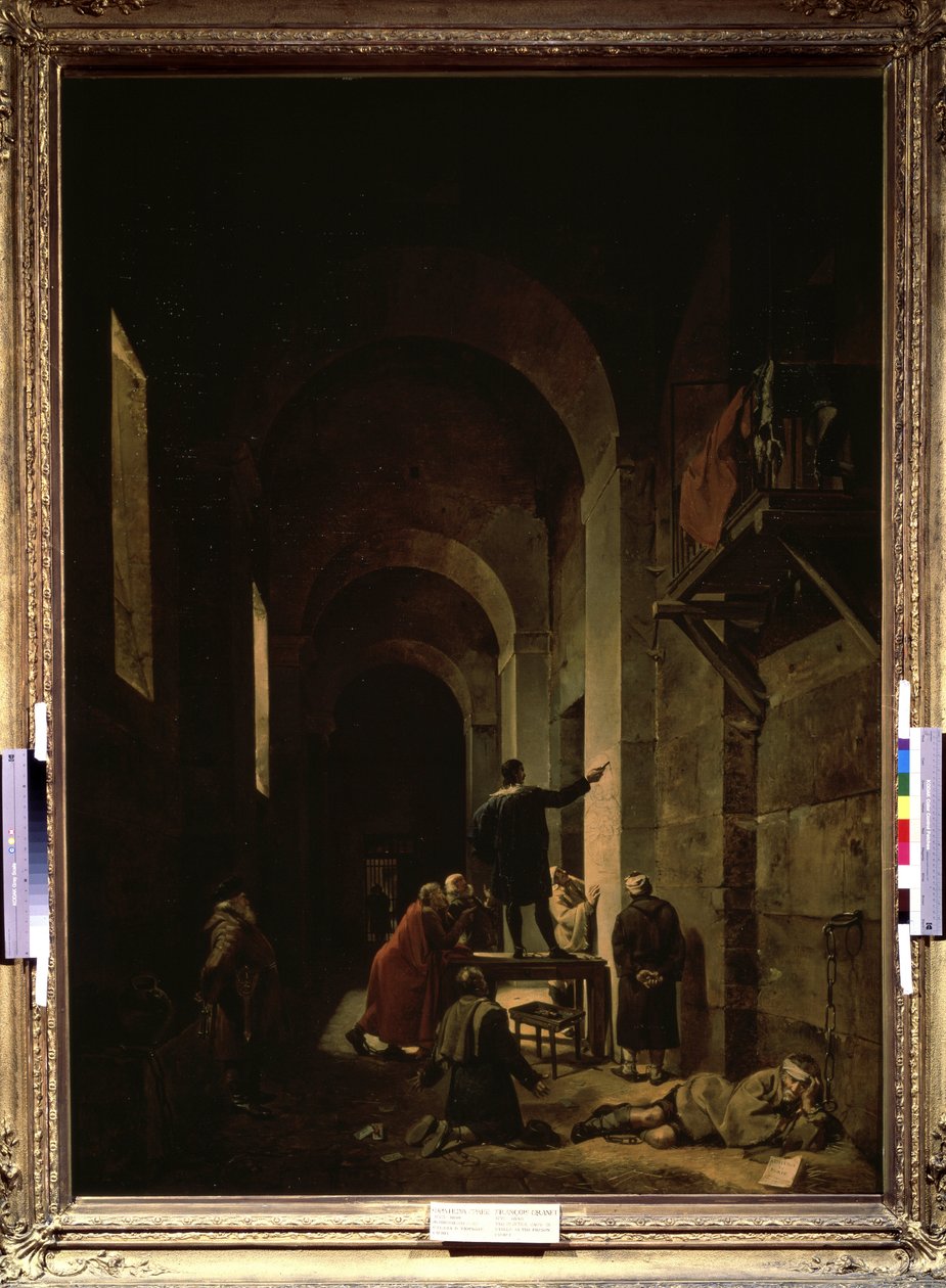 „Malarz Jacques Stella (1596-1657) w więzieniu” (Malarz Jacques Stella w więzieniu). Ilustracja z „Wywiadów o życiu i twórczości najwybitniejszych malarzy starożytnych i współczesnych” Andre Felibiena. Obraz Francoisa Graneta (1775 autorstwa Francois Marius Granet