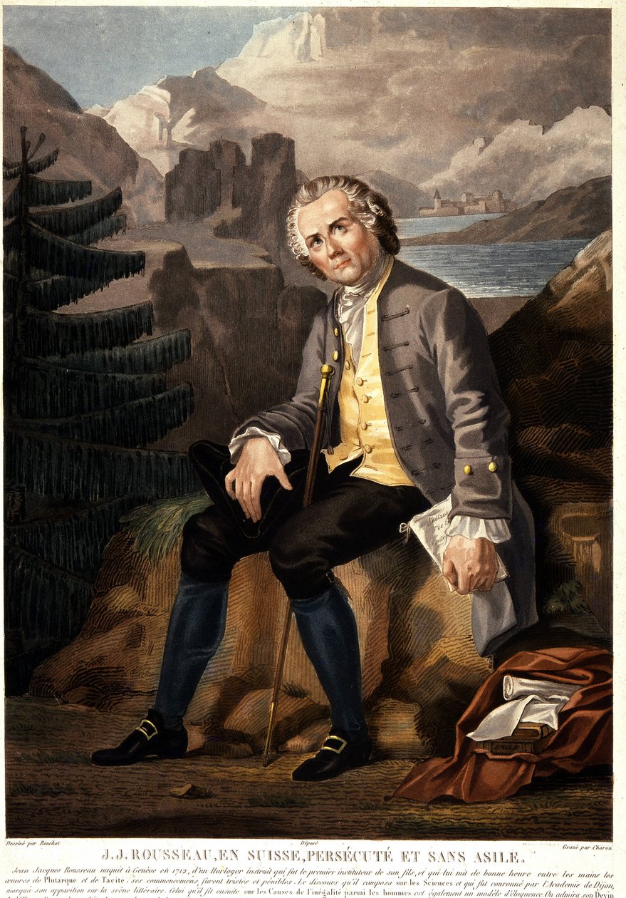 Jean Jacques Rousseau w Szwajcarii, prześladowany i bez azylu. Aquatint autorstwa Charona d