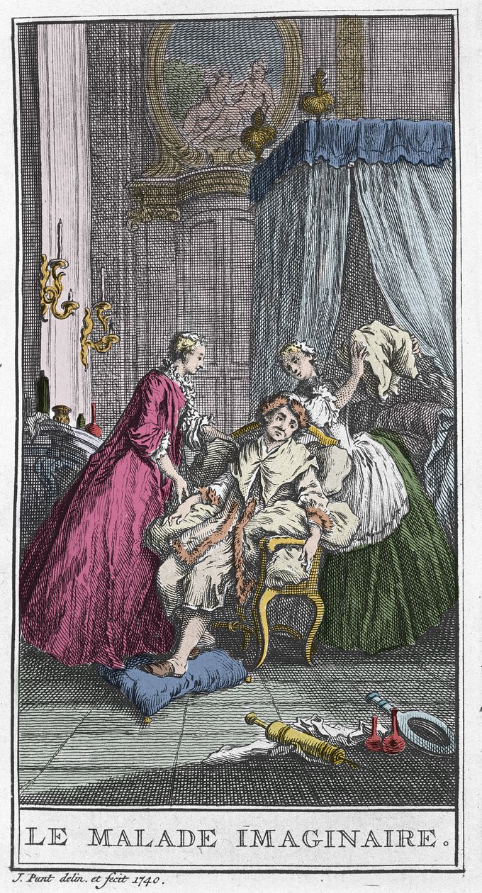 Wyimaginowany pacjent. Spektakl teatralny Jeana Baptiste Poquelin dit Moliere (1622-1673). Grawer w „Pacjent urojony” T. de Mare wg Bouchera. autorstwa Francois (after) Boucher