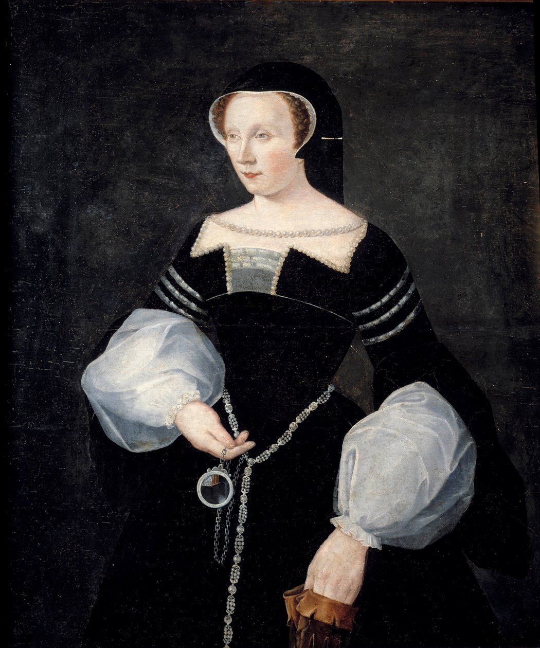 Portret Diany de Poitiers, Lady de Breze, księżnej Valentinois (1499-1566) - ubrana w żałobę (w stroju wdowy) po swoim mężu Ludwiku de Breze, zmarłym w 1531 r. i trzymająca w dłoni lustro ok. 1550 r. Obraz autorstwa Francois Clouet (około 1 autorstwa Francois (after) Clouet