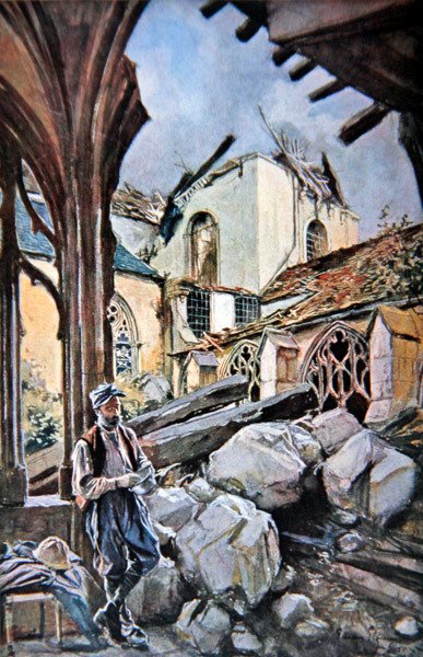 Bitwa pod Verdun: francuski żołnierz spożywa swoje racje żywnościowe w zrujnowanym krużganku katedry autorstwa Francois (after) Flameng