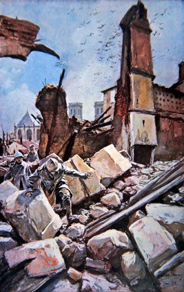 Bitwa pod Verdun: wojska francuskie poruszają się wśród zrujnowanych murów obronnych autorstwa Francois (after) Flameng