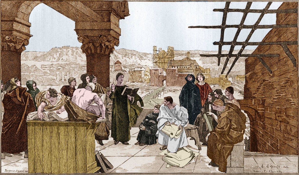 Pierre Abelard lub Abailard (1079-1142), francuski filozof i teolog i jego szkoła na górze Sainte Genevieve. Z fresku Francois Flameng. autorstwa Francois (after) Flameng