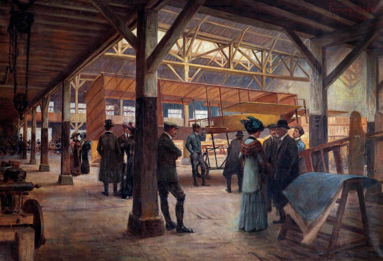 Warsztat braci Gabriela i Charlesa Voisinów (1880-1973 i „1882-1912), pionierów lotnictwa, w 1908 roku w Boulogne Billancourt” (olej na płótnie) autorstwa Francois Alaux