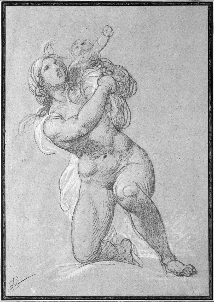 Klęcząca naga kobieta trzymająca dziecko, ok. 1781 (czerwona kredka i biała kreda na papierze) autorstwa François André Vincent