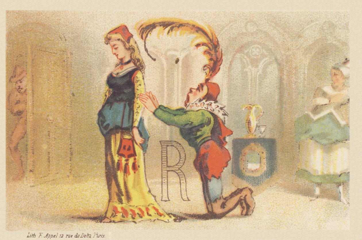 R (list przedstawiony przez damę i lokaja na kolanach) autorstwa Francois Antoine Appel