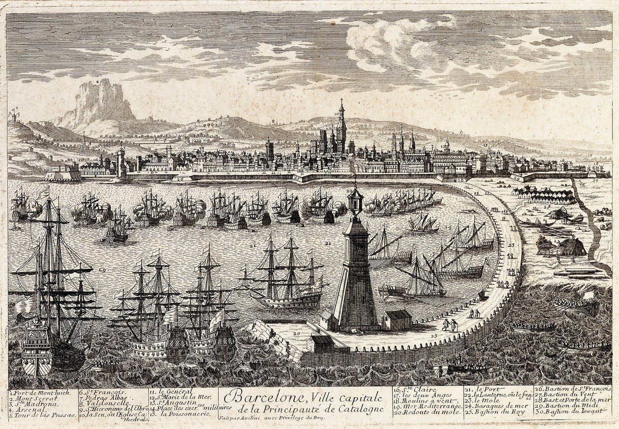Widok na miasto i port w Barcelonie w XVIII wieku. Grawerowanie autorstwa Francois Antoine Aveline Barcelona, Museu d