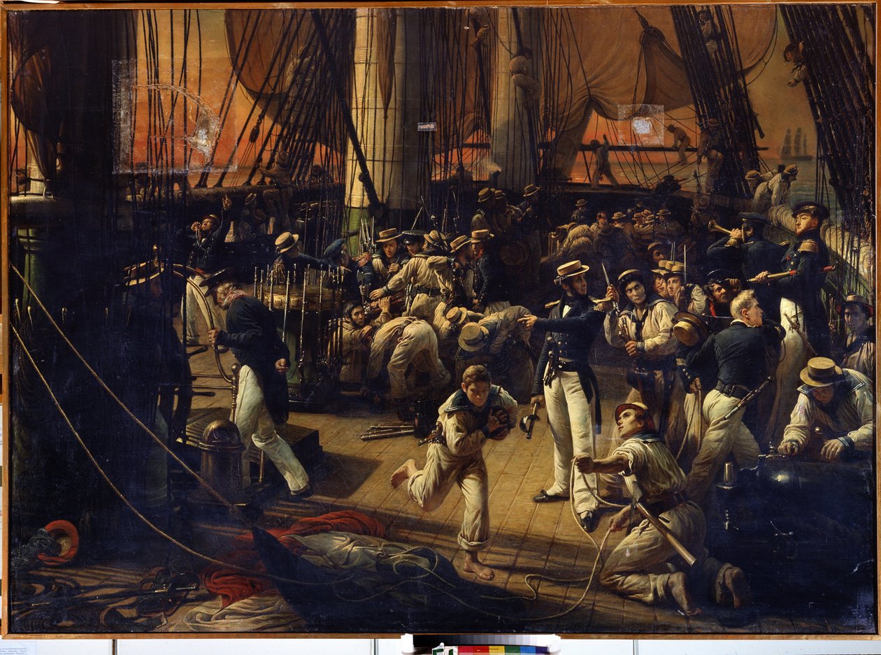 Przygotowania do wejścia na pokład. Obraz Francois Auguste Biard (1798-1882). Olej na płótnie, 160 x 220 cm autorstwa François Auguste Biard