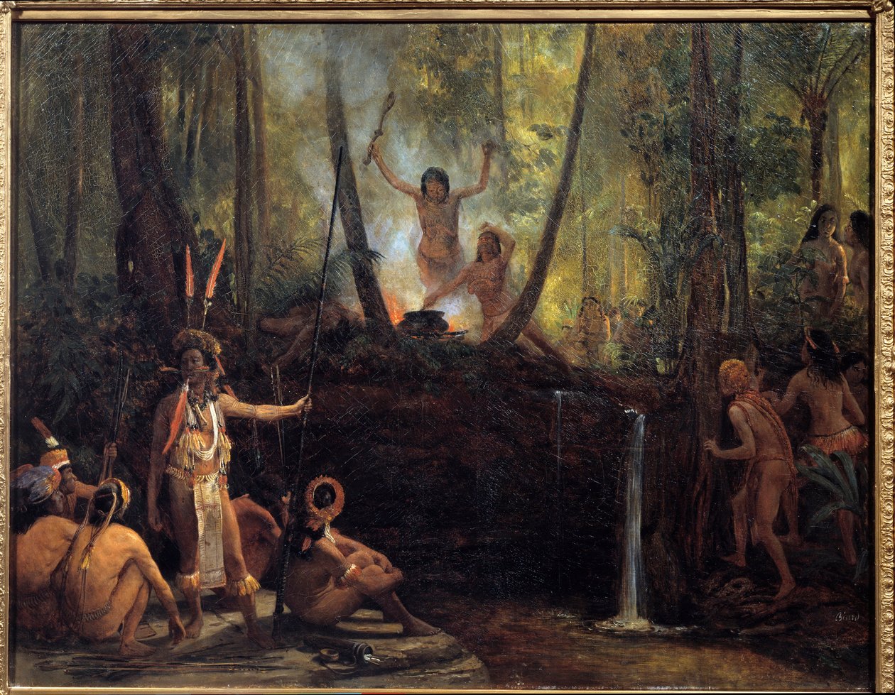 Produkcja kurary w lesie bresilian Ekstrakcja kurary, substancji pozyskiwanej z winorośli amazońskich drzew powodującej paraliż. Obraz Francois Auguste Biard (1799-1882) XIX-wieczna La Rochelle, Musee du Nouveau Monde autorstwa François Auguste Biard