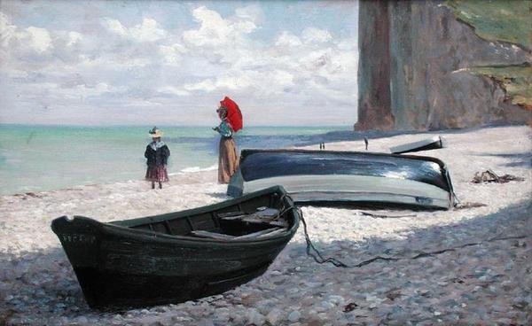 Scena na plaży w Fecamp, północna Francja (olej na panelu) autorstwa Francois Auguste Didier Clovis