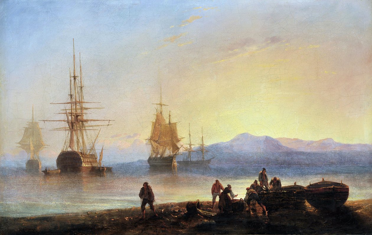 Siostry i statki na Morzu Śródziemnym. Obraz Francois Pierre BARRY (1813-1905). Olej na płótnie. Wymiary: 29,5x46cm. Wzmianka obowiązkowa: Collection fondation faith de Provence, Marseille autorstwa Francois Barry