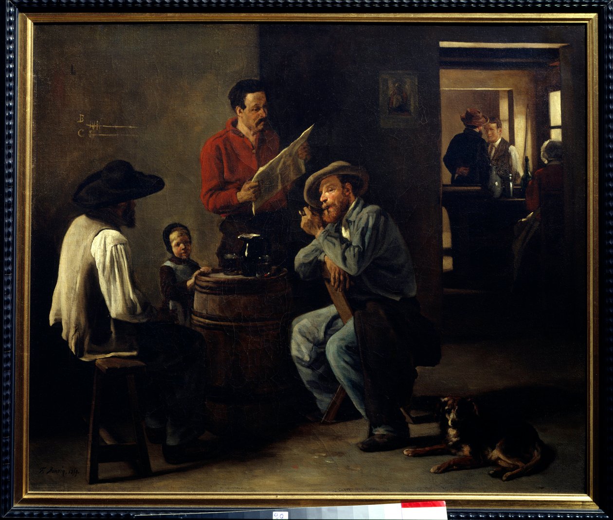 Wnętrze kabaretu Dwóch mężczyzn siedzących w tawernie słucha czytania gazety. Obraz Francois Bonvin (1817-1887) 1859 Arras, Musee des Beaux Arts. autorstwa François Bonvin
