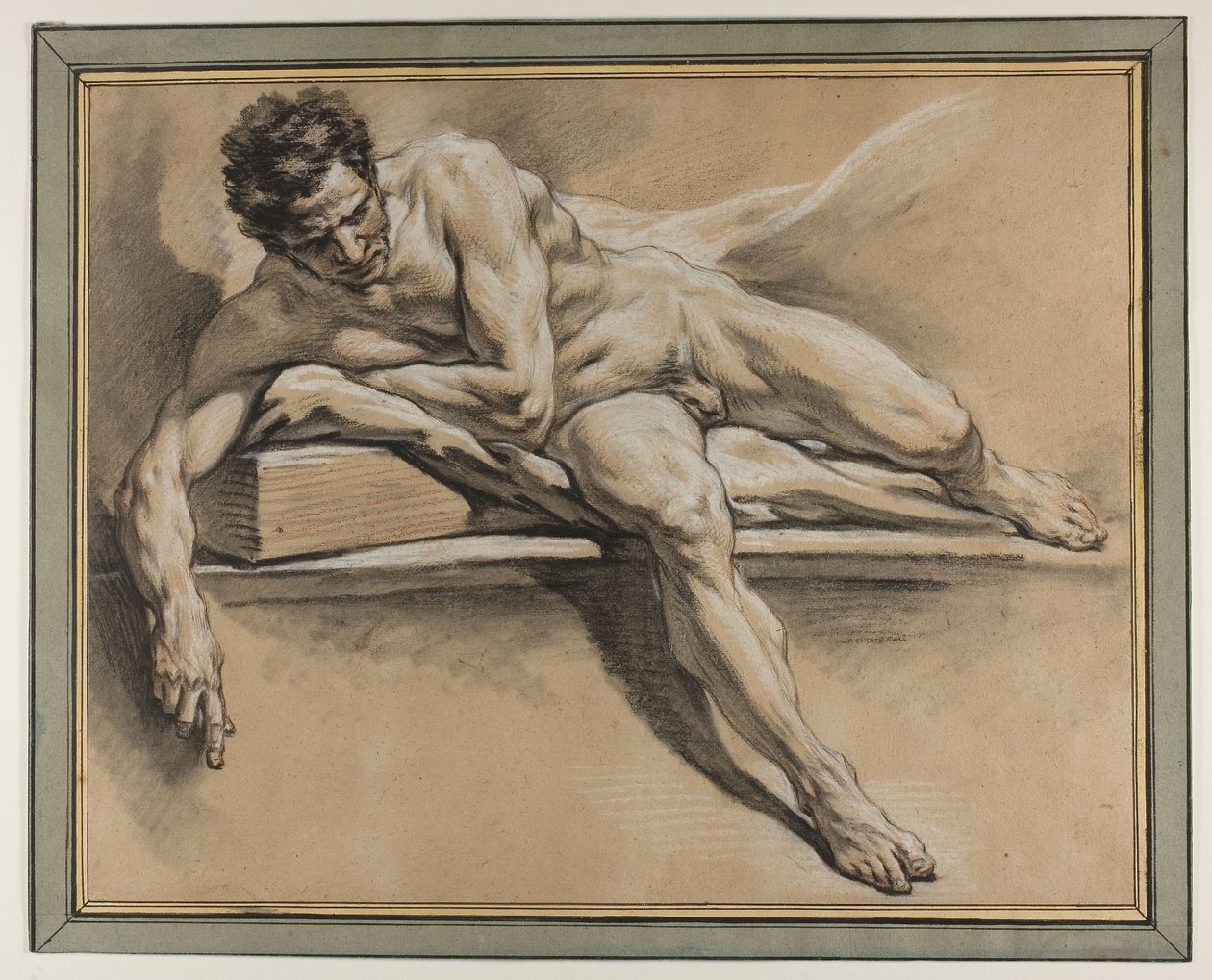 Akademickie studium leżącego aktu męskiego, ok. 1750 (czarna, czerwona i biała kreda na papierze) autorstwa François Boucher