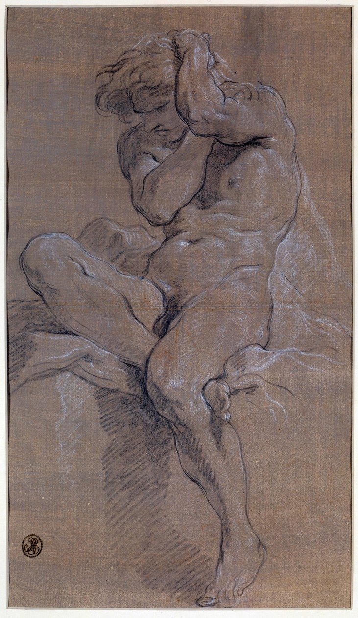 Akademia siedzącego nagiego mężczyzny Rysunek czerwoną krwią, Francois Boucher (1703-1770) XVIII-wieczny Paryż, Luwr autorstwa François Boucher