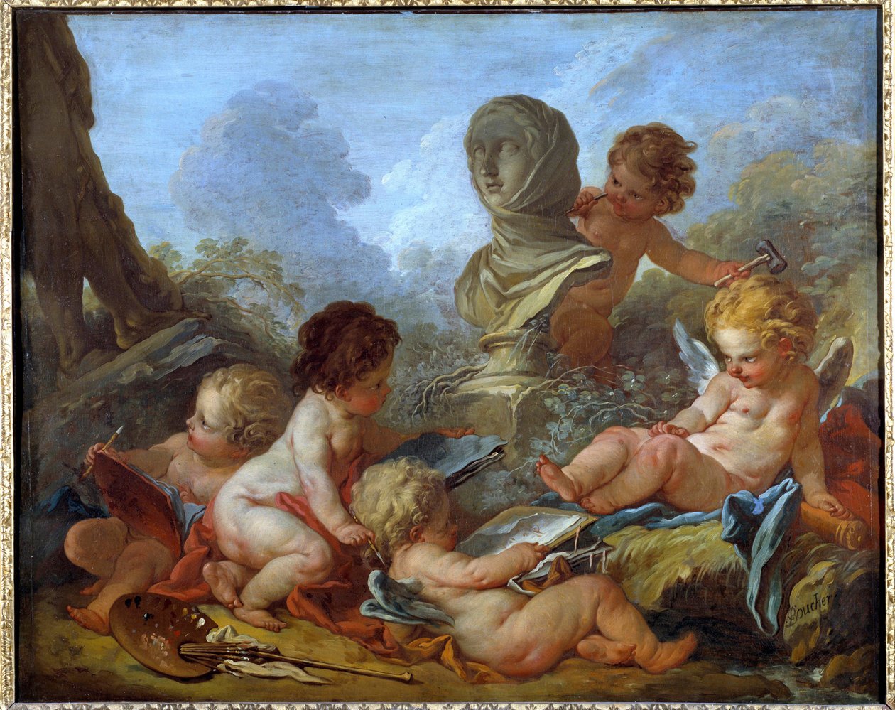 Allegorie des Arts Pięć małych Amours związanych z różnymi sztukami (rzeźba, malarstwo...) Obraz Francois Bouchera (1703-1770) XVIII-wieczne Troyes, Musee des Beaux Arts - Alegoria Sztuki. Pięć małych amorków związanych z różnymi sztukami (rzeźbiarz autorstwa François Boucher