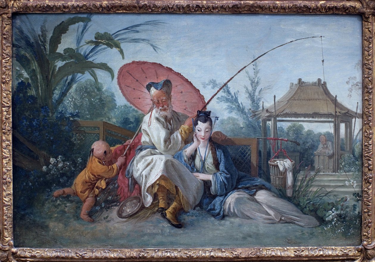 Chinoiserie. Grafika Francois Bouchera (1703-1770), olej na papierze marufle na płótnie, ok. 1750. Art francais XVIII wiek. Muzeum Sztuk Pięknych w Rotterdamie (Holandia). autorstwa François Boucher