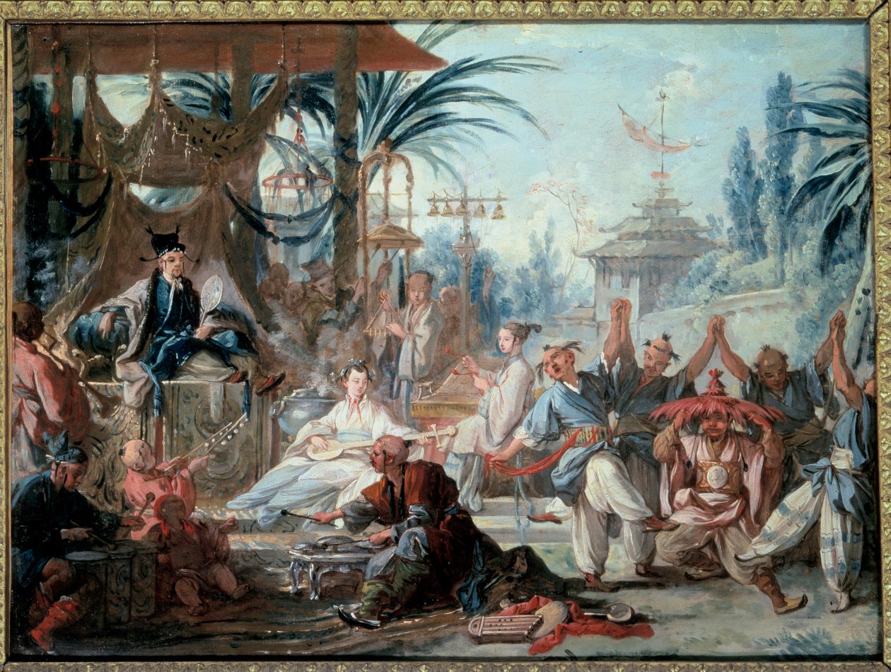 Chinoiserie: „”Chiński taniec””” Scena rozrywkowa na dworze cesarskim z muzykami i tancerzami. Obraz Francois Bouchera (1703-1770) 1740 Besancon, Musee des Beaux Arts autorstwa François Boucher