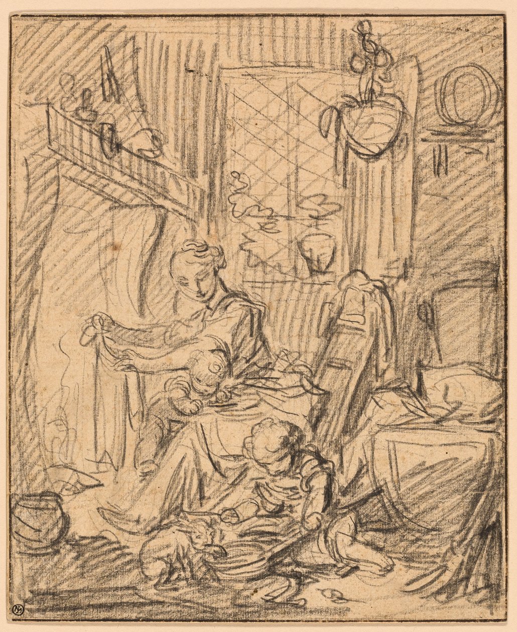 Scena domowa: Matka z dwójką małych dzieci przed kominkiem autorstwa François Boucher