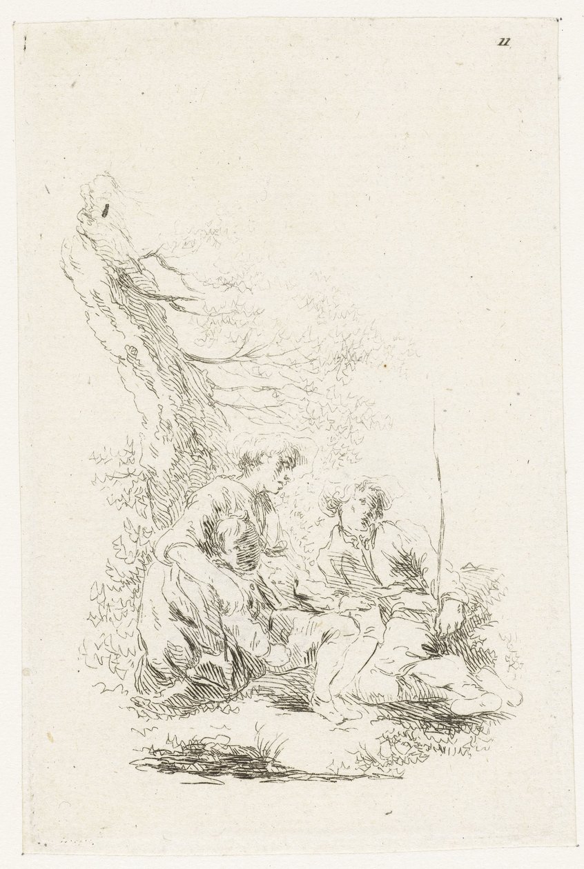 Trzy osoby siedzące przy drzewie autorstwa François Boucher