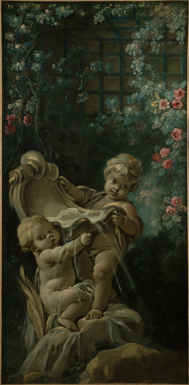 Fontanna z dwoma amorkami, z których jeden klęczy autorstwa François Boucher