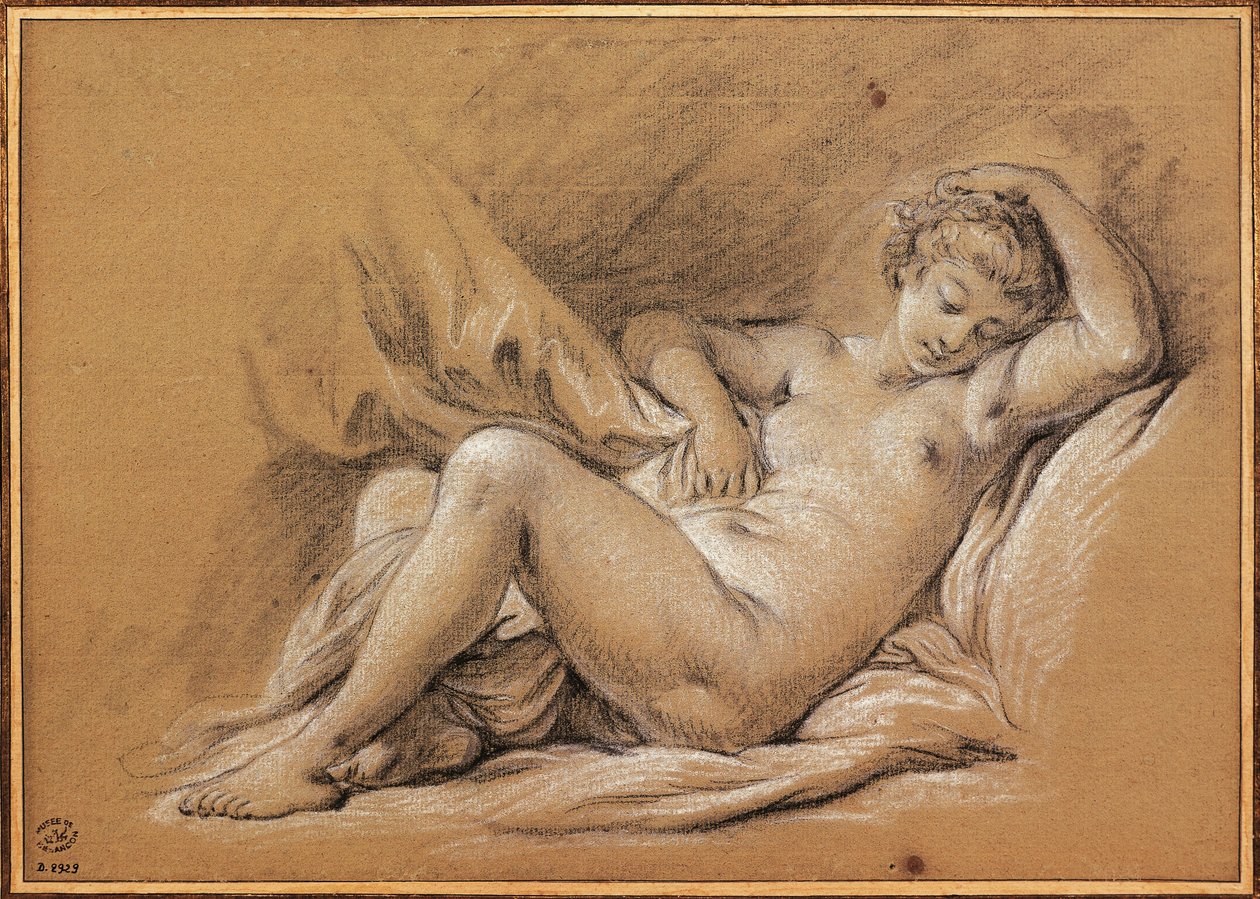 Francja, Chinoiseries, rysunek przedstawiający nagą kobietę na łóżku (rysunek) autorstwa François Boucher