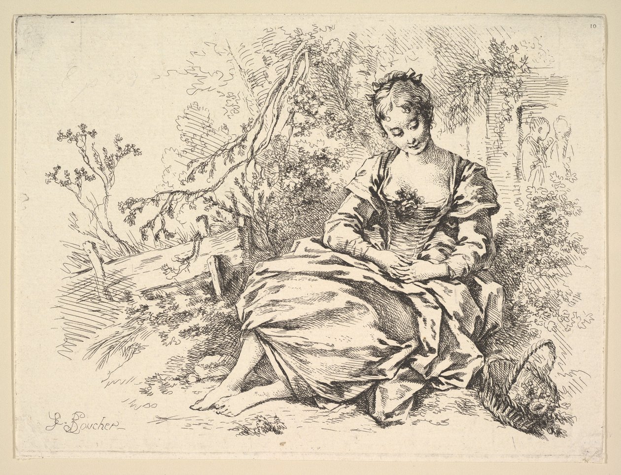 Dziewczyna w pejzażu z koszykiem kwiatów autorstwa François Boucher