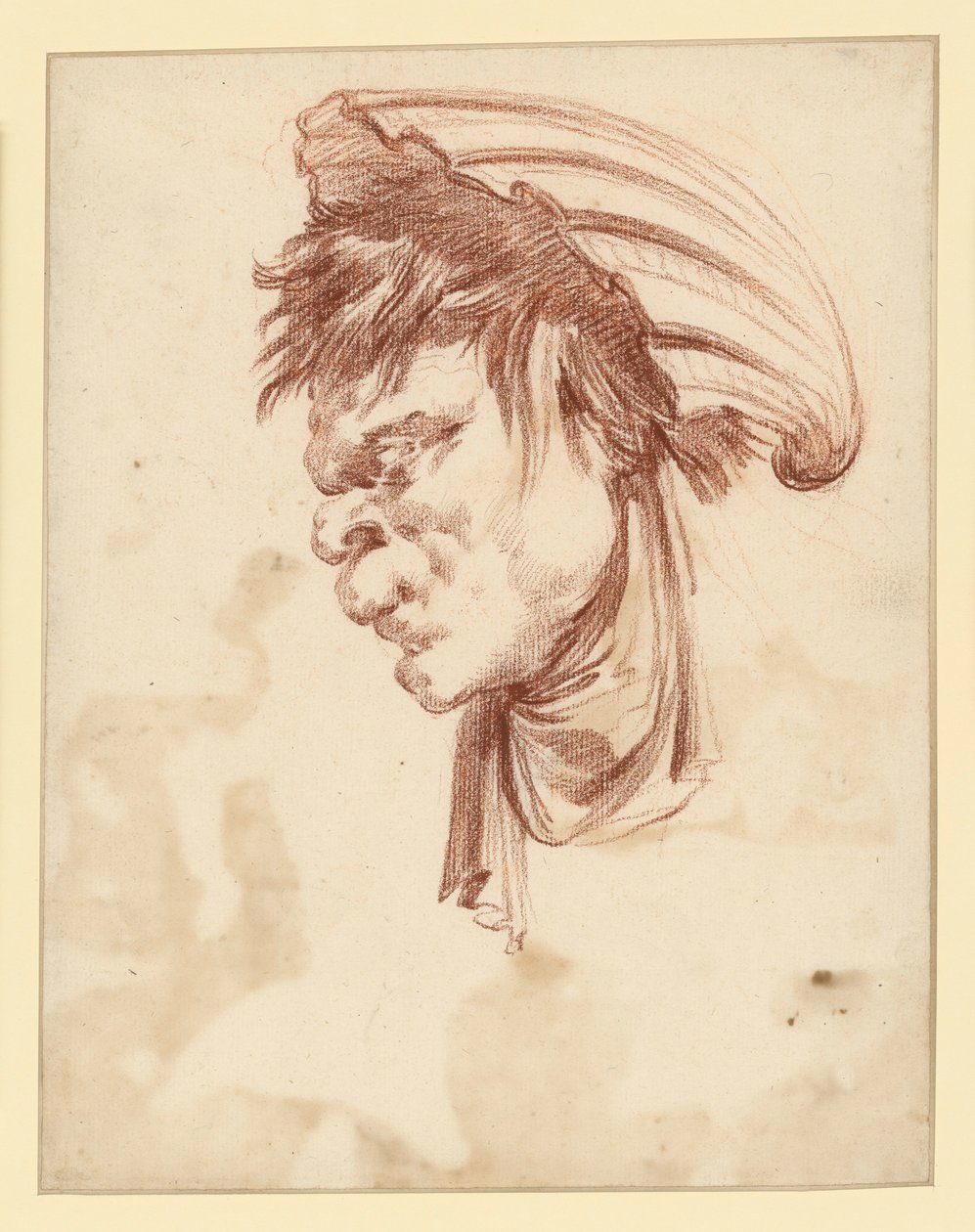 Groteskowa głowa widziana z profilu w lewo, z muszlą na głowie autorstwa François Boucher