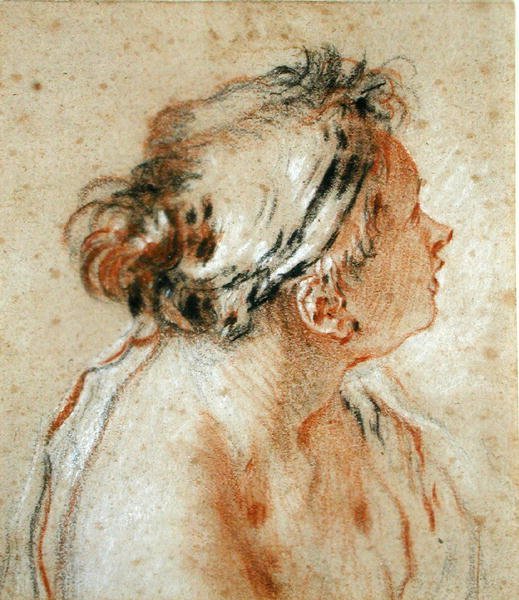 Głowa nimfy (czarna, biała i czerwona kreda na jasnobrązowym papierze) autorstwa François Boucher