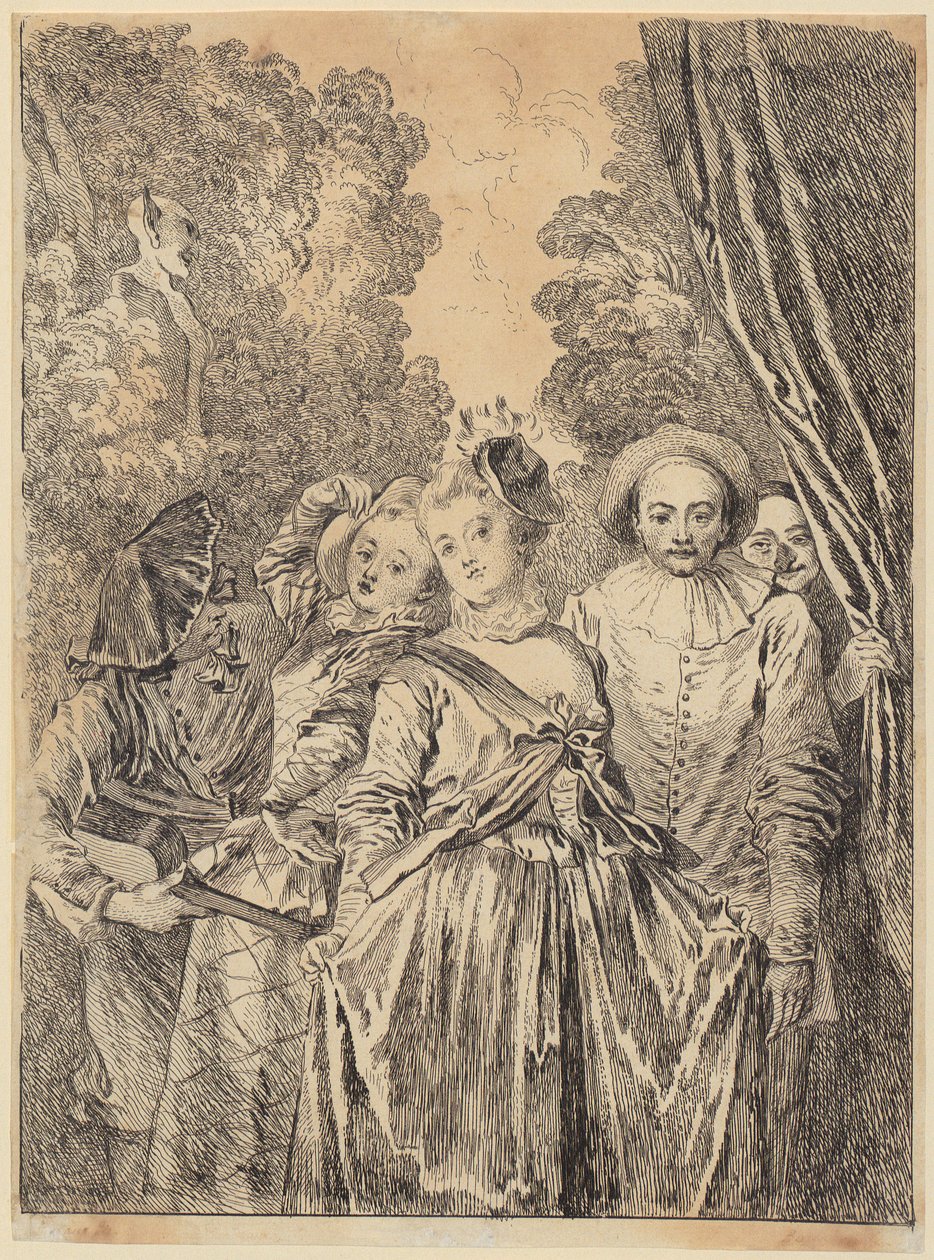 Włoska trupa teatralna w kostiumach Commedia dell’Arte autorstwa François Boucher
