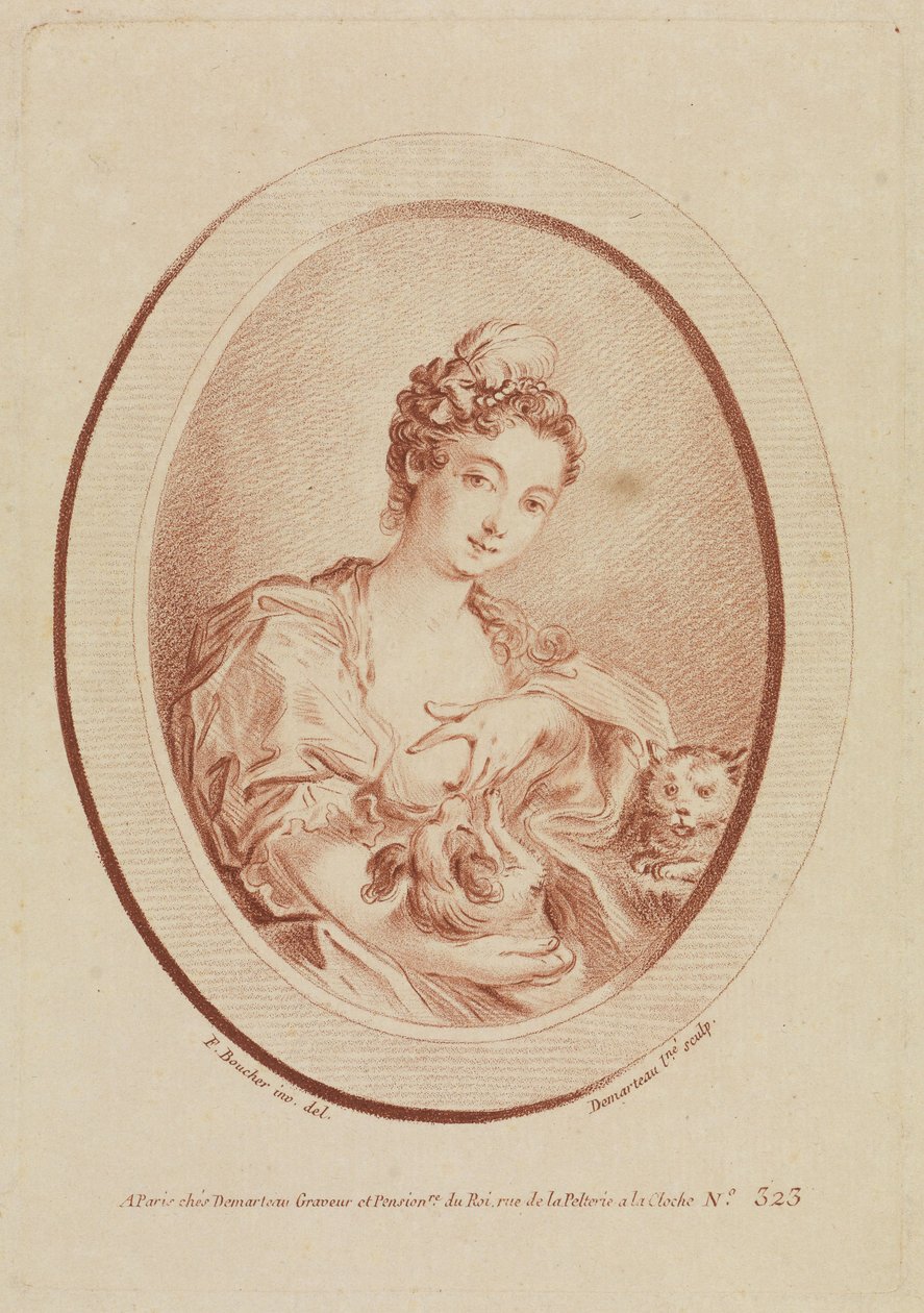 Młoda kobieta z psem na kolanach i kotkiem autorstwa François Boucher