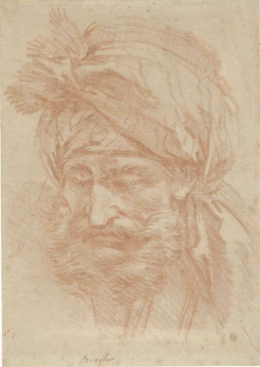 Głowa brodatego mężczyzny z Bliskiego Wschodu w turbanie, widziana z przodu, spoglądająca w dół autorstwa François Boucher