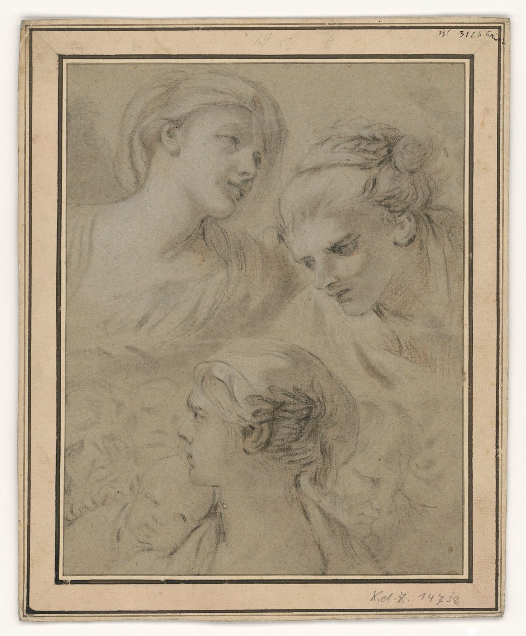Studia twarzy, które w sposób poglądowy przedstawiają różne emocje autorstwa François Boucher
