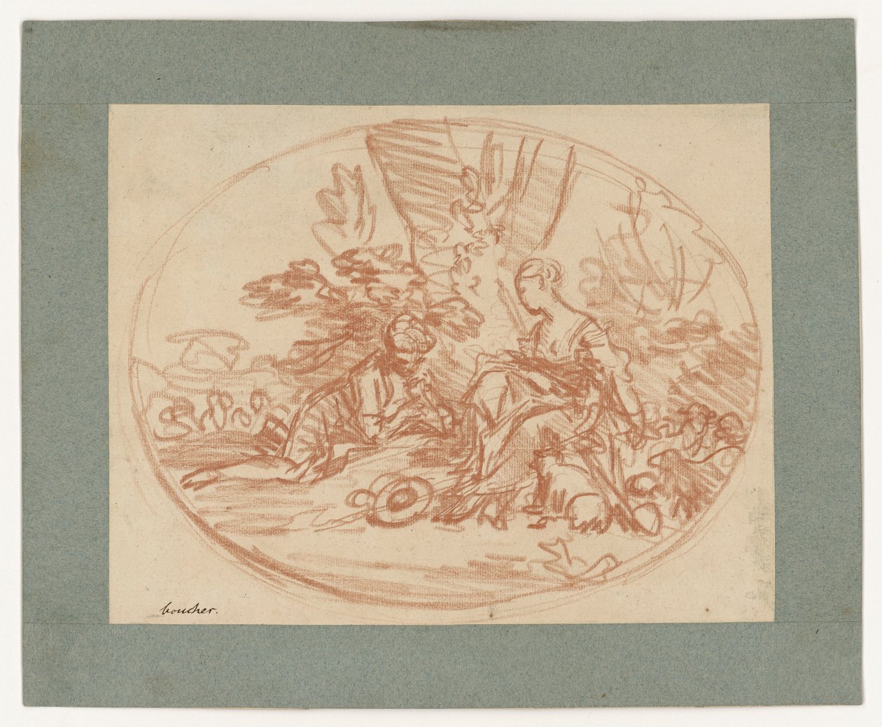 Para odpoczywająca pod drzewami (odwrotny druk) autorstwa François Boucher