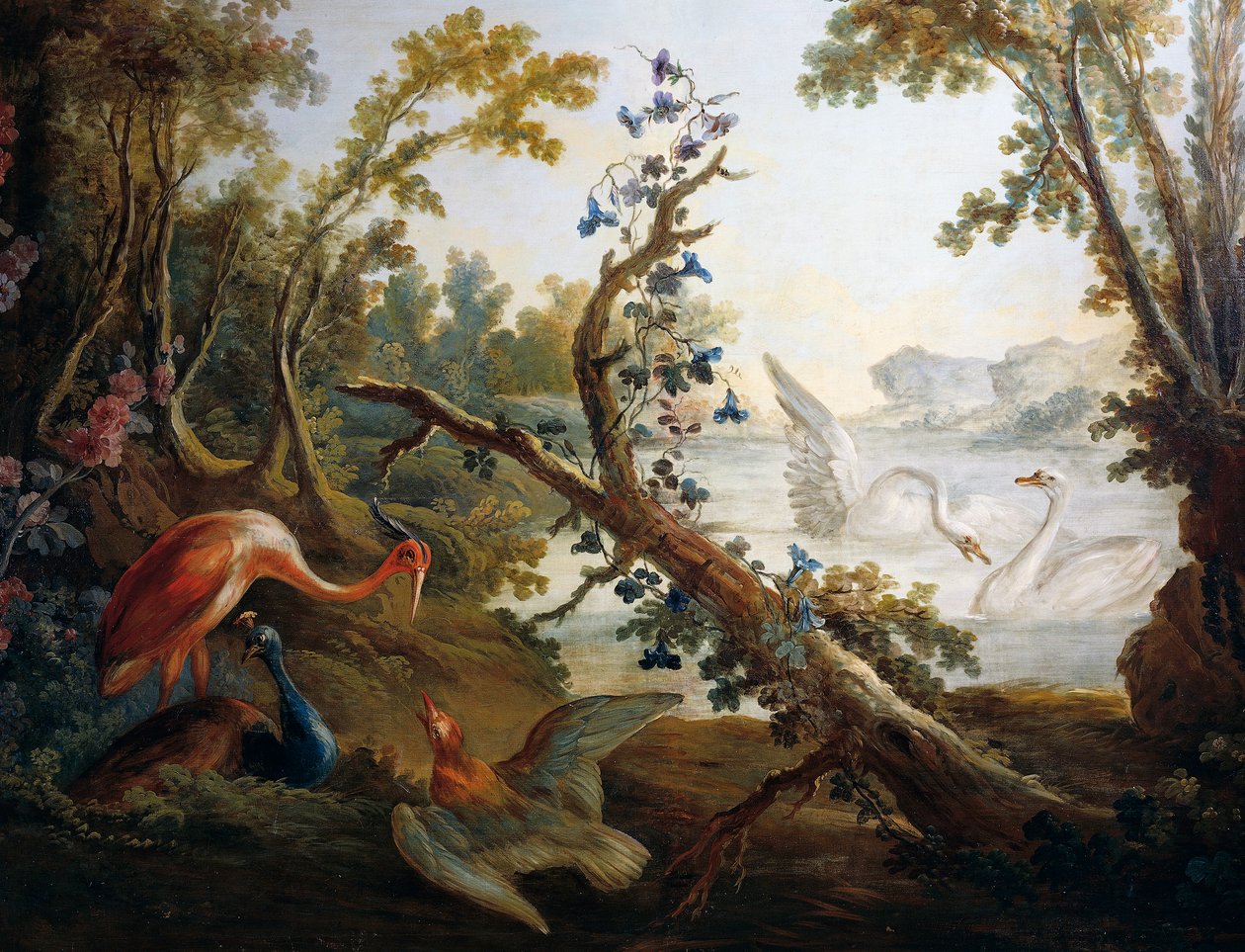 Pejzaż z łabędziami, ok. 1765, autor Francois Boucher (1703-1770), Jean-Baptiste Huet (1745-1811) i Jean Honore Fragonard (1732-1806), detal z północnej ściany Salonu Demarteau, Paryż, Francja, Francja autorstwa François Boucher