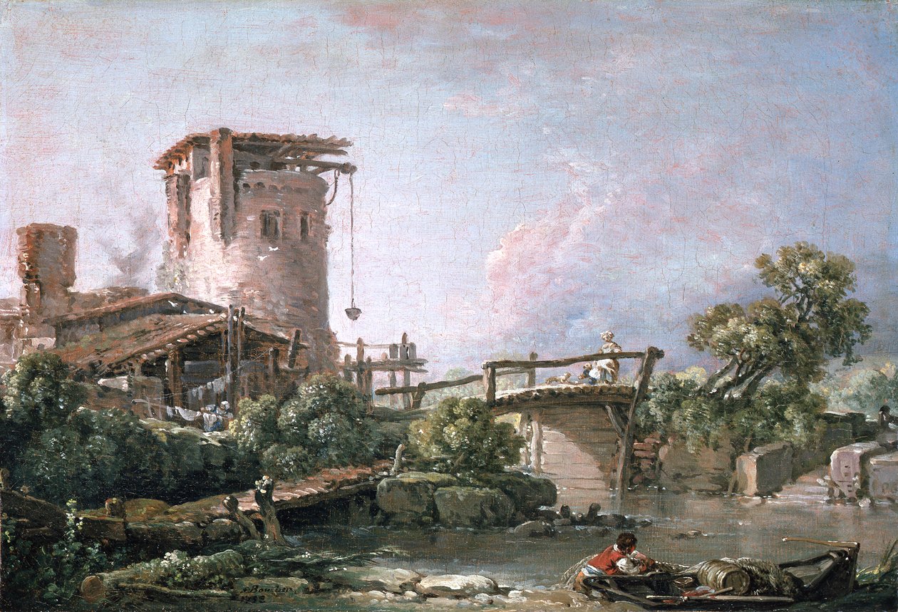 Krajobraz z wieżą i mostem autorstwa François Boucher