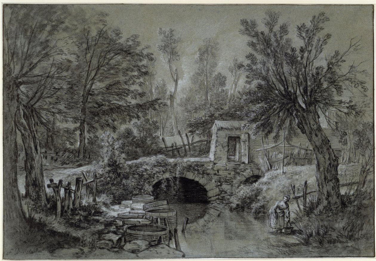 Krajobraz z strumieniem i mostem autorstwa François Boucher
