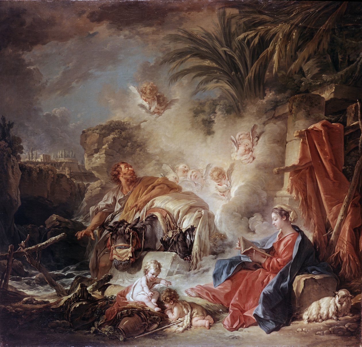 „Odpoczynek w ucieczce do Egiptu” (Odpoczynek w ucieczce do Egiptu) Obraz Francois Bouchera (1703-1770) 1757 Muzeum Ermitażu, Sankt Petersburg autorstwa François Boucher
