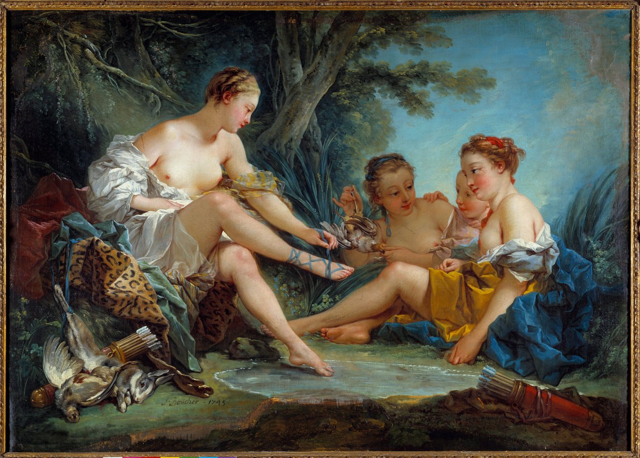 Le retour de la chasse de Diane Obraz Francois Bouchera (1703-1770) 1745 nd. 0,94x1,31m Paryż. Musee Cognacq Jay - Powrót polowań Diane. Obraz Francois Bouchera (1703-1770) 1745. 0,94 x 1,31 m. Muzeum koniaku Jay, Paryż autorstwa François Boucher
