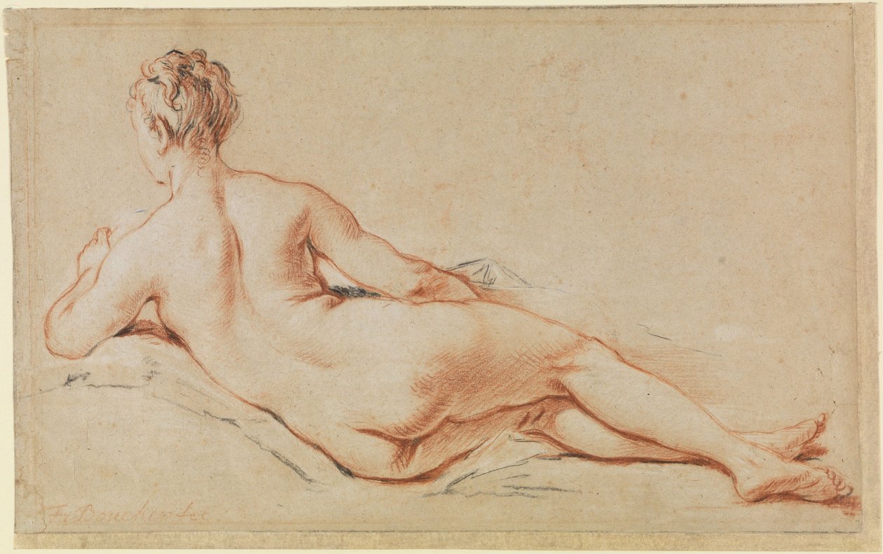 Leżąca naga kobieta, opierająca się na lewym ramieniu, widok z tyłu autorstwa François Boucher