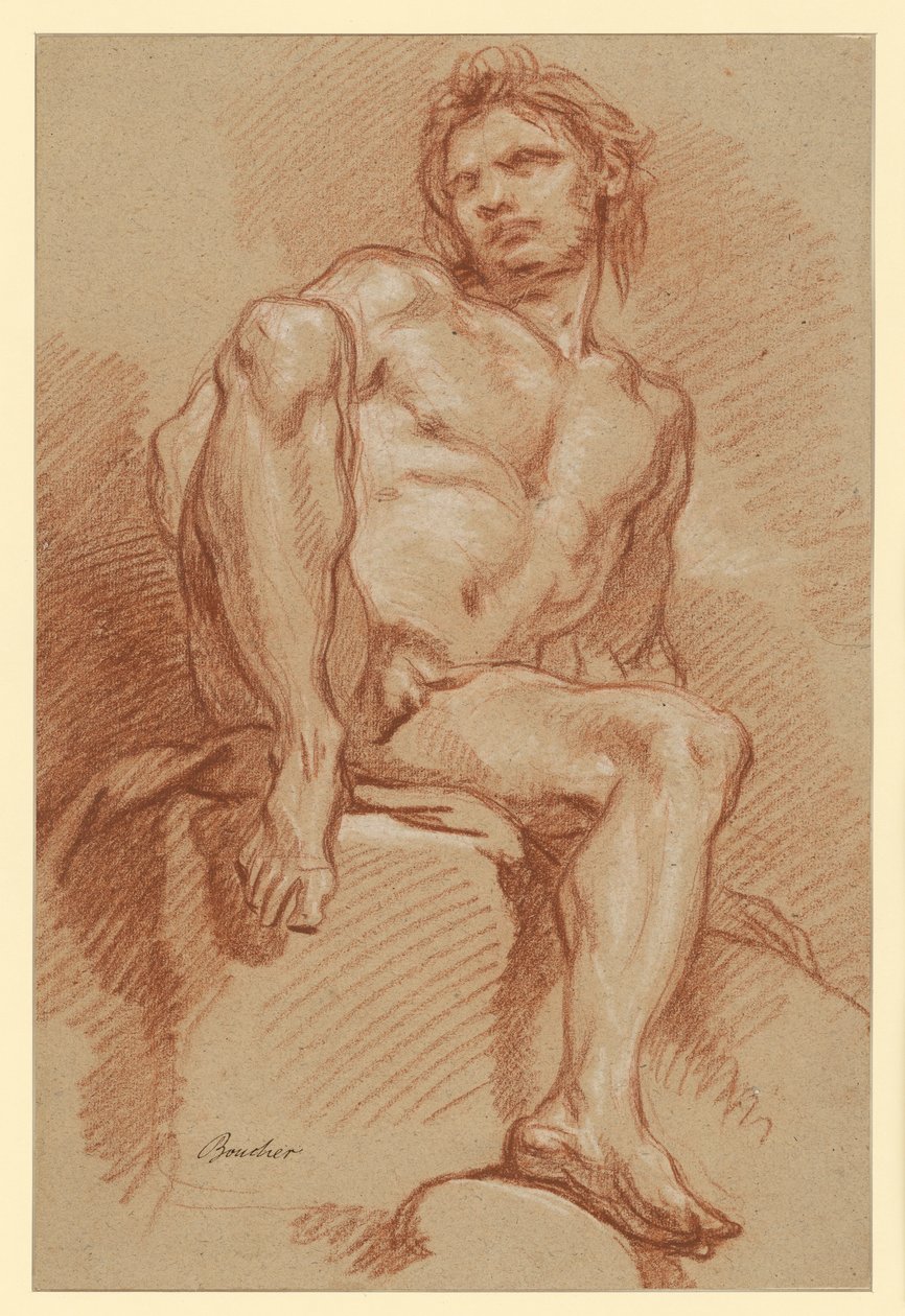 Studium aktu męskiego, siedzącego i widzianego z przodu autorstwa François Boucher