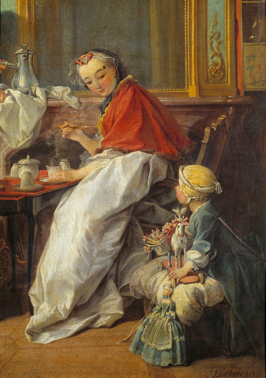 Matka i córka. Szczegóły „”Śniadania””. Dziewczyna i jej lalki patrzą, jak jej matka pije gorącą czekoladę. Obraz Francois Bouchera (1703-1770) autorstwa François Boucher