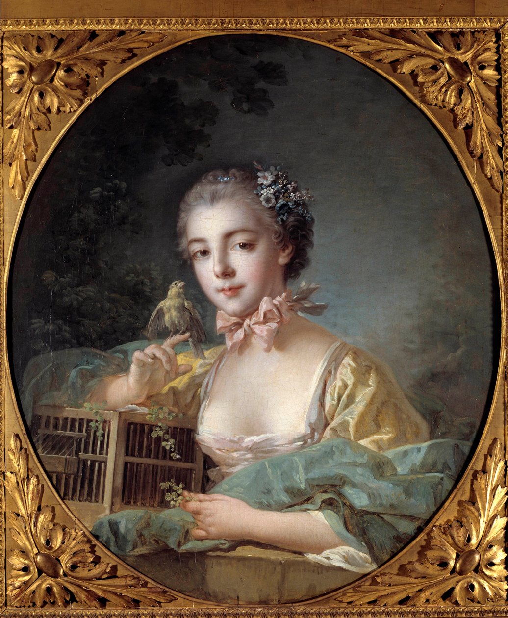 Portret Madame Baudoin, córki malarza Dziewczyna pozuje z kanarkiem. Obraz Francois Bouchera (1703-1770) XVIII-wieczny Paryż. Musee Cognacq Jay autorstwa François Boucher
