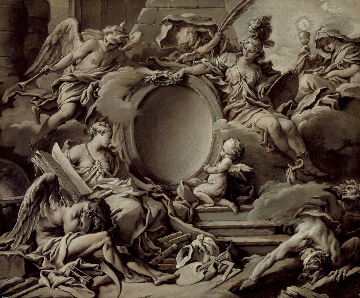 Projekt kartusza: alegoria Minerwki, Sławy, Historii i Wiary pokonujących ignorancję i czas autorstwa François Boucher