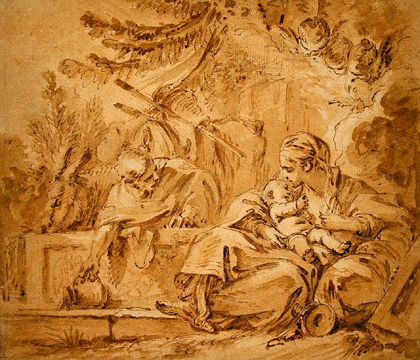 Odpocznij podczas lotu do Egiptu (pióro i brązowy atrament z różowymi i brązowymi plamami na papierze) autorstwa François Boucher