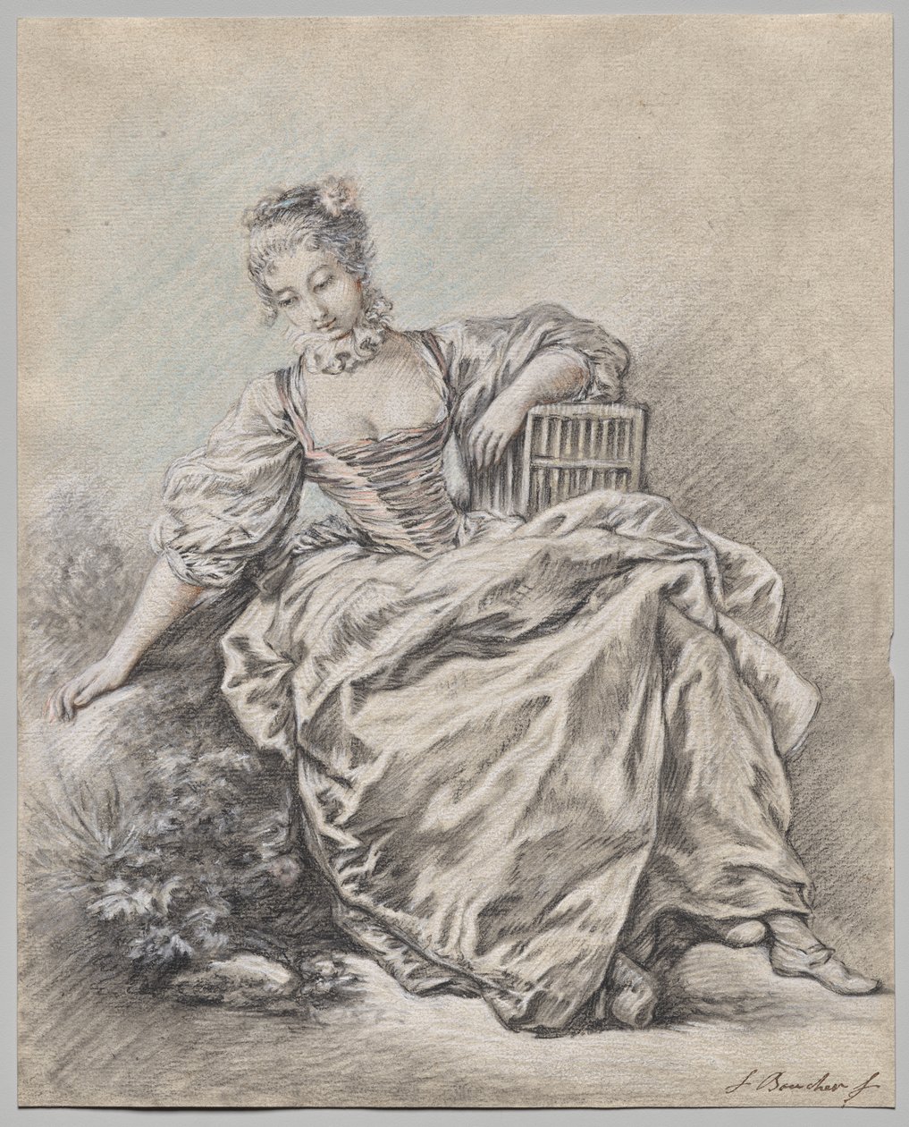Siedząca kobieta trzymająca klatkę dla ptaków autorstwa François Boucher