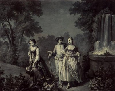 Dwie dziewczynki i młodzież ogrodnicza przy fontannie (między piórem a myjką) autorstwa François Boucher