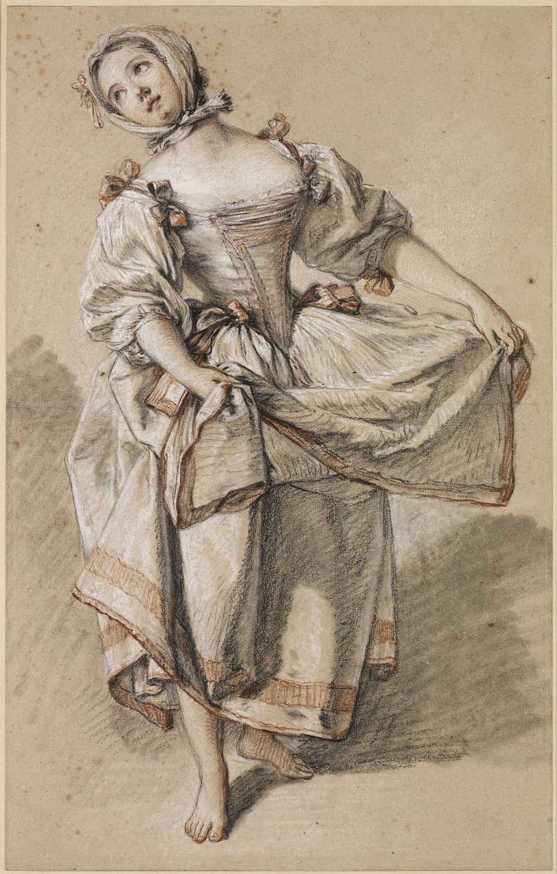 Tańcząca młoda wieśniaczka, ok. 1930 r. 1765-70 (czarna, czerwono-biała kreda i kikut na polerowanym papierze) autorstwa François Boucher