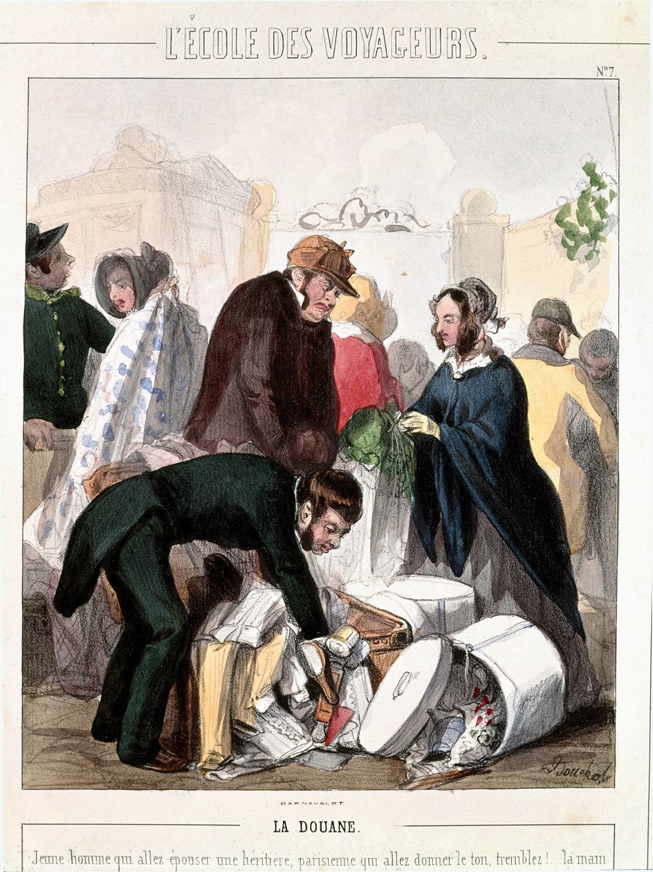 Zwyczaje. Kontrola celna posagu dziedziczki, która zamierzała poślubić młodego mężczyznę. Kolorowa grawerunek Francois Bouchot (1800-1842), ok. 1830. Paryż, Musee Carnavalet autorstwa Francois Bouchot