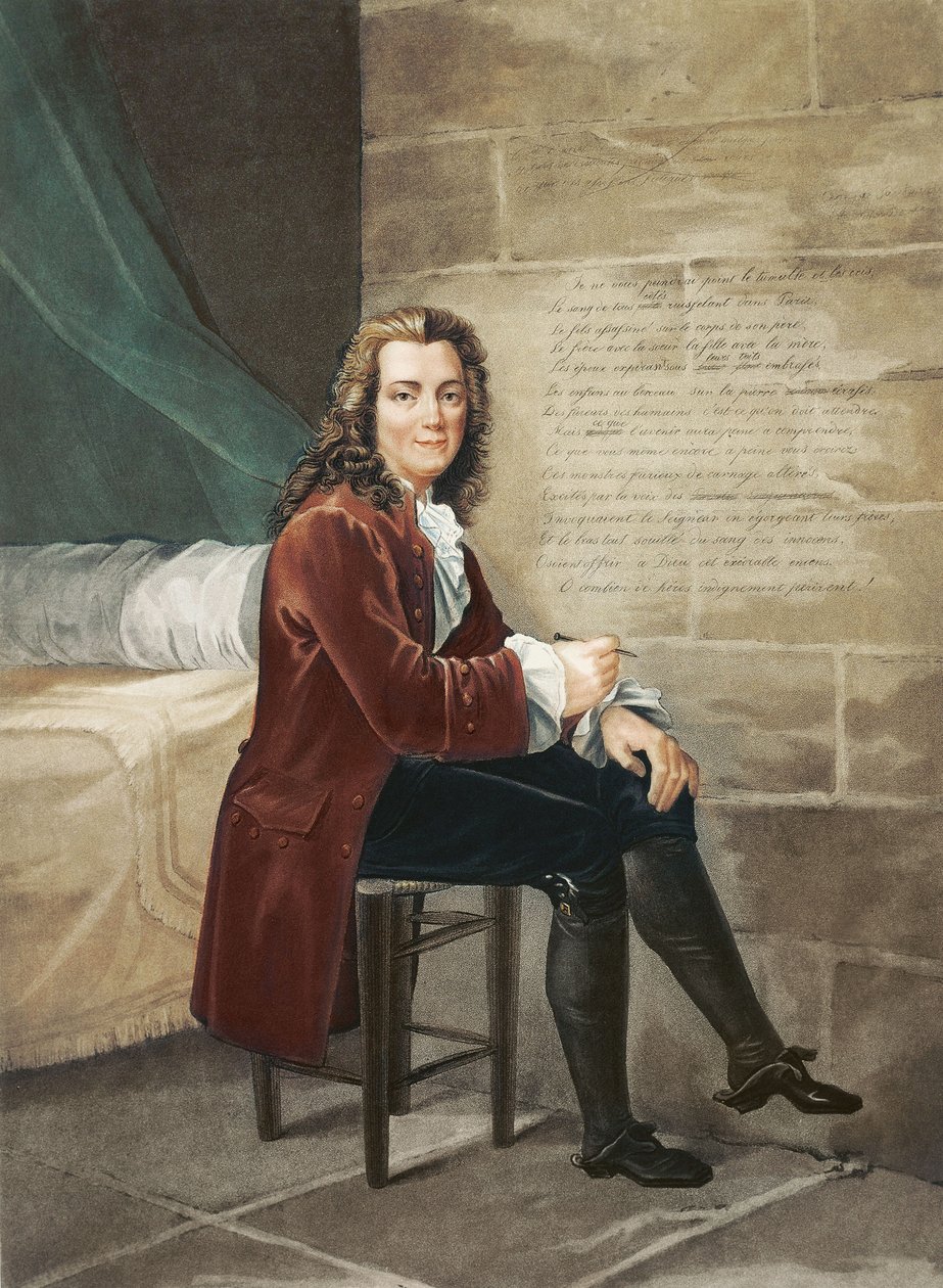 Voltaire uwięziony w Bastylii pisze La Henriade w 1728 r. autorstwa Francois Bouchot